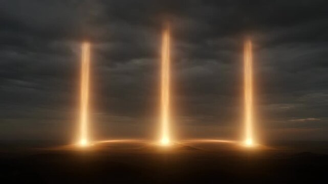 Abstract cinematic video of three distinct pillars of warm golden light descending from a dark cloudy sky onto a landscape, each pillar connected by a subtle glow, no visible figures, slow camera move