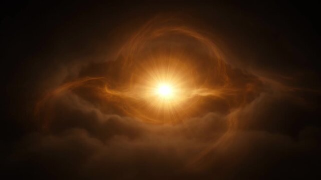 Golden light breaking through dark clouds. Divine illumination emerging in the sky. Celestial glow representing spiritual enlightenment and hope for humanity.