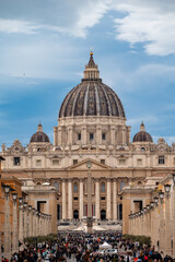 Fototapeta premium Walking in Rome and view on St. Peters Basilica, travel destination in Italy, Vatican City State, popes residence, sacred place, guided tour Rome, visit of Basilica and Dome