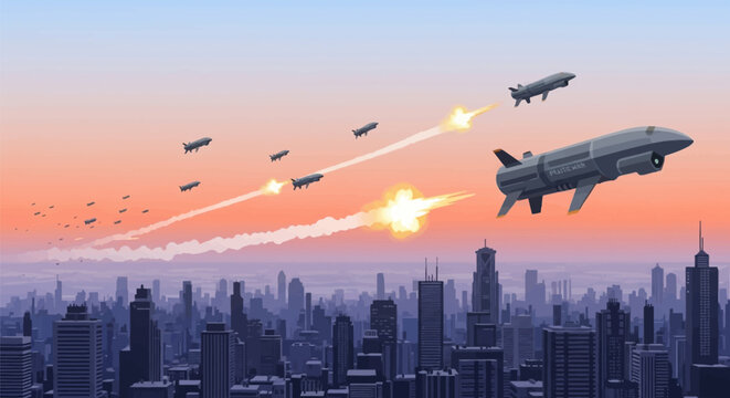Vector illustration of a formation of military cruise missiles and autonomous drones flying over a modern city skyline at sunset with visible smoke trails and mid-air explosions.