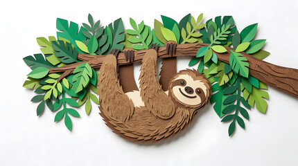 Obraz premium Whimsical papercraft sloth artwork, crafted from layered paper, hanging on a branch surrounded by lush green leaves, a joyful and tranquil jungle animal illustration