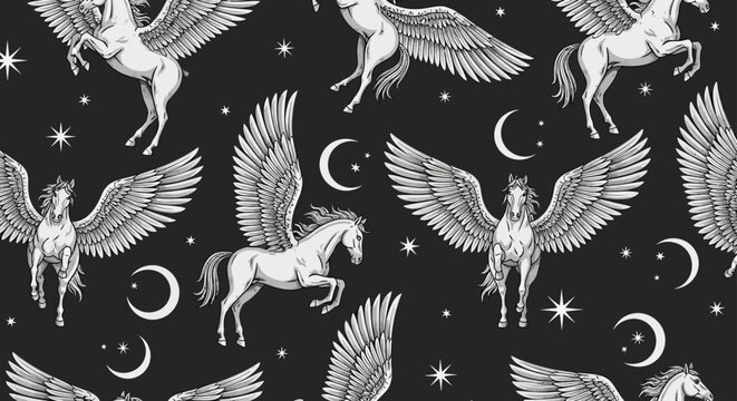 enchanting pegasus horses flying among stars and crescent moons on black background