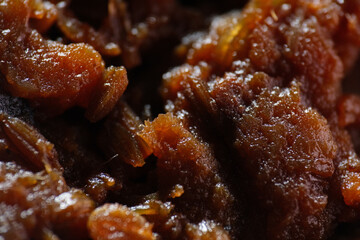 Macro of fungus and mold growth on marinated beef. The evaporation of moisture dries the meat surface, making it inedible © taffpixture