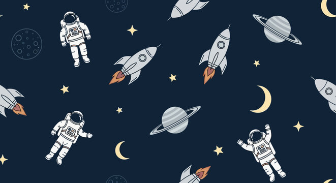 astronaut and rocket in outer space with planets and stars cosmic background