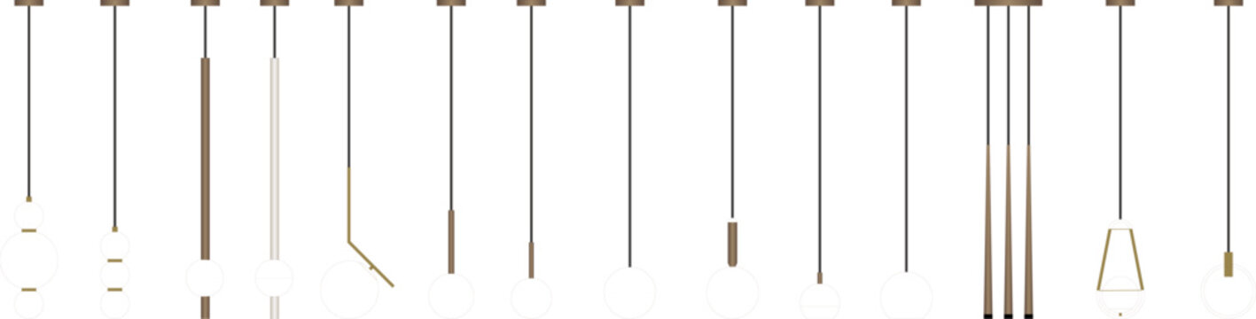 Technical drawing and 2D CAD blocks of various modern pendant lights and hanging lamps featuring minimalist globe, cylinder, and linear designs.