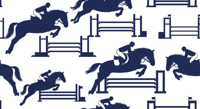 equestrian jumping event horse and rider silhouette leaping over hurdles in seamless pattern