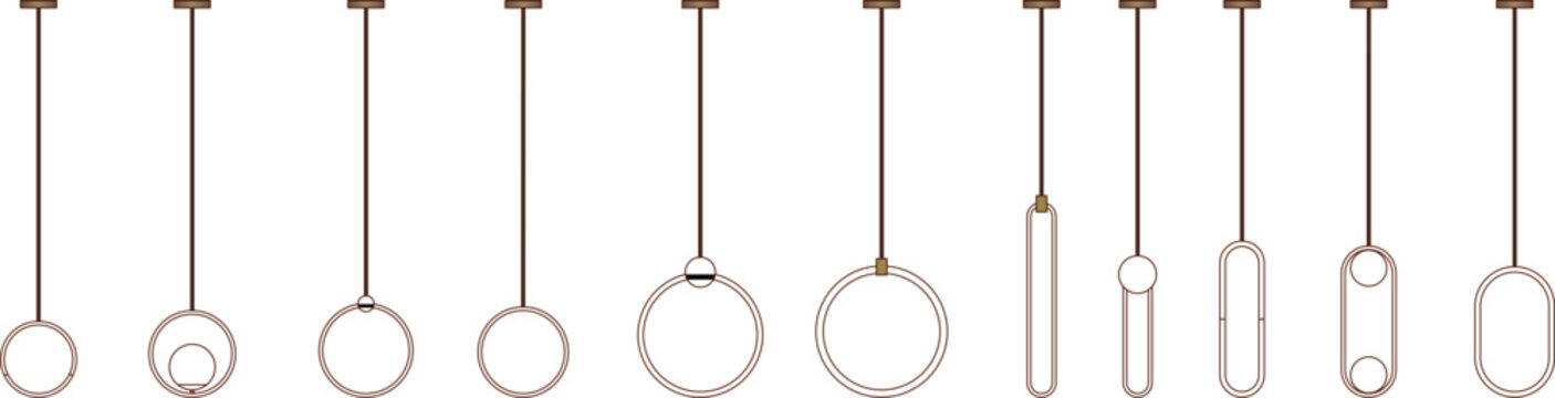 Collection of pendant light symbols for architectural plans. Features circular and oval shapes with suspension cords. Monochrome line art.