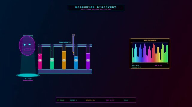 A futuristic Ai Lab Discovery sequence featuring an automated robotic arm sampling colorful chemical solutions while a digital spectrum analyzer monitors real time molecular data