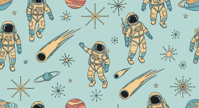 vintage astronaut pattern with comets and planets retro space background
