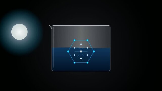 An intricate Ai Lab Discovery visualization featuring a luminous celestial orb pulsating beside a complex hexagonal data network within a sophisticated digital holographic interface