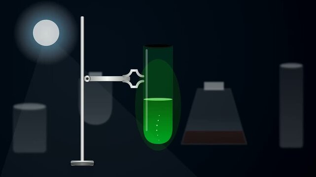 A mysterious Ai Lab Discovery unfolds as a glowing green chemical solution pulses with ethereal light within a futuristic darkened scientific research facility setting