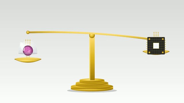 A conceptual animation depicting an Ai Lab Discovery where a golden scale balances a futuristic purple quantum sphere against a powerful modern computer microchip