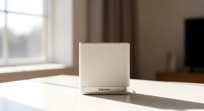 Modern minimalist white smart home speaker on a table.