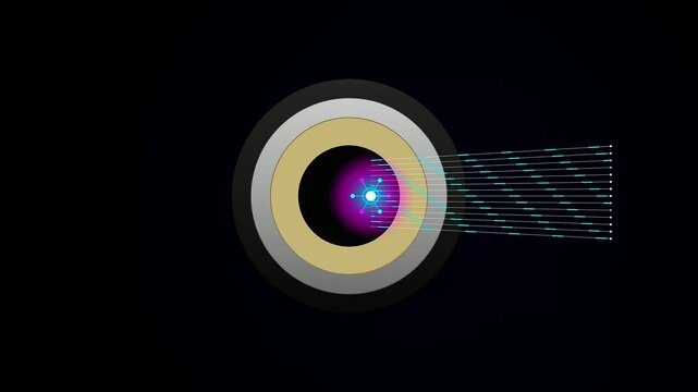 An avant-garde Ai Lab Discovery illuminates a complex glowing quantum core emitting precise energy beams through concentric metallic rings for sophisticated scientific data processing