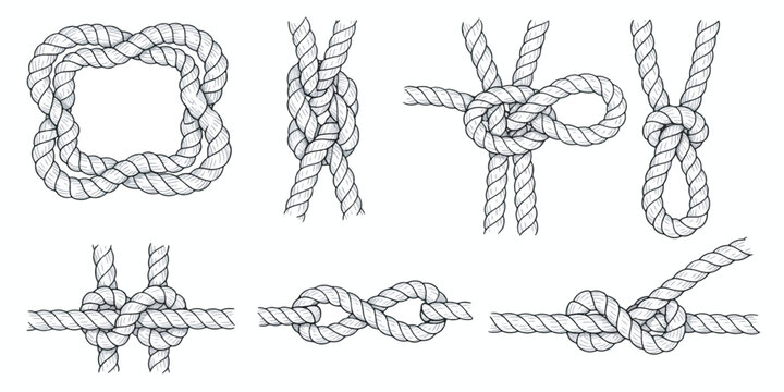 Various knots on ropes illustrated.