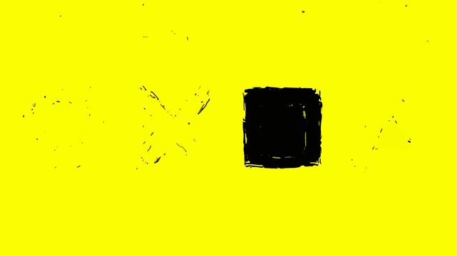 Dynamic black square symbol on vibrant yellow canvas, presenting a bold and minimalist abstract composition with textured, distressed elements and a modern, artistic flair suitable for digital backgro