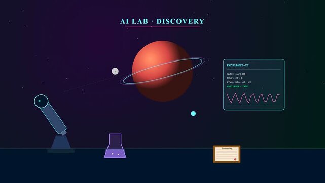 A conceptual Ai Lab Discovery sequence depicting a stylized telescope analyzing a red ringed exoplanet with fluctuating data graphs and orbiting celestial bodies throughout space