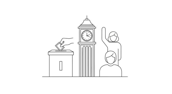 Hand dropping ballot into box with landmark clock tower