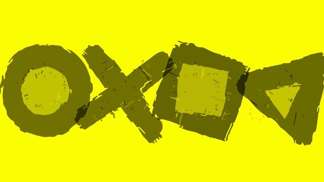 Bright yellow background with abstract shapes resembling game controller buttons in a row