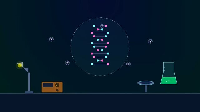 An intricate Ai Lab Discovery sequence depicting a shimmering holographic genetic helix fluctuating amidst sterile scientific apparatus within a deep neon atmospheric void