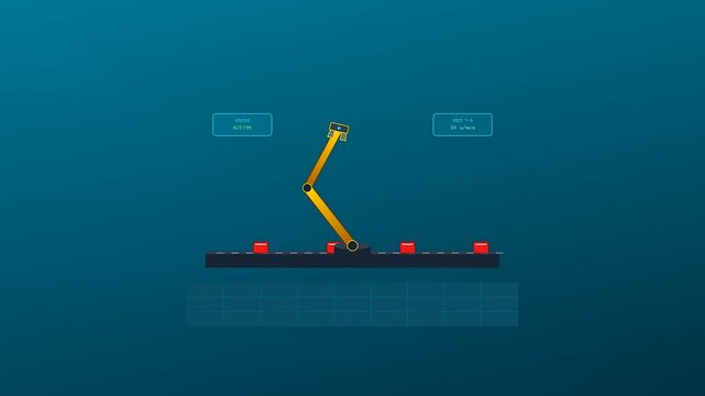 An Ai Lab Discovery featuring a precision robotic arm meticulously sorting red cubes on a high tech conveyor belt for industrial automation simulation