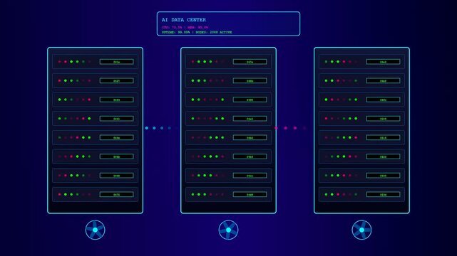 The pulsating rhythms of an Ai Lab Discovery unfold as neon indicators flicker across sophisticated server arrays while cooling fans rotate in deep sapphire shadows