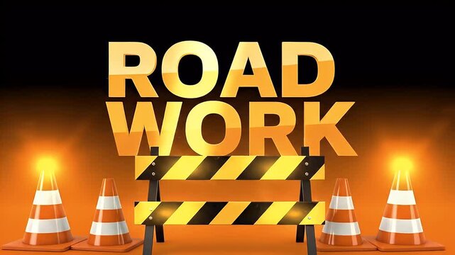 Road Work Warning Sign with Orange Alert Text and Traffic Construction Barrier