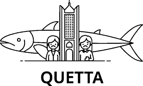 Quetta Landmark Building and Fish Line Art Icon