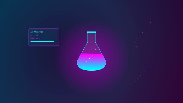 A cinematic futuristic visualization of an Ai Lab Discovery where glowing chemicals react within a flask while holographic data interfaces track molecular changes in real time