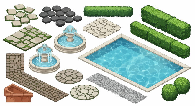 isometric garden elements featuring a swimming pool ornate fountains paving stones and green hedges for landscape design.