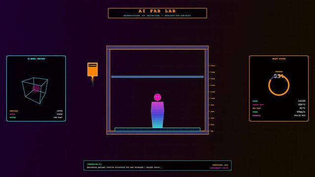 A futuristic digital interface showcasing an Ai Lab Discovery where a sophisticated additive manufacturing system constructs a complex neon geometric structure through precision layering