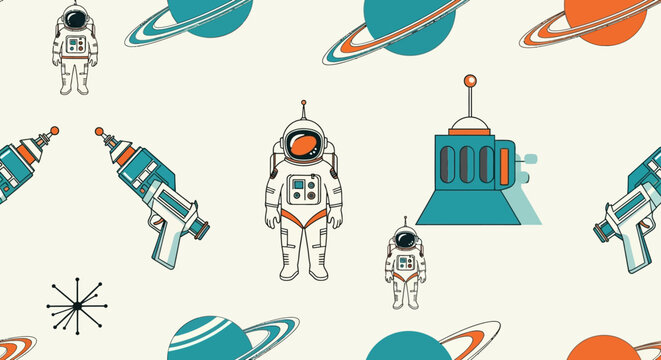 retro astronaut pattern with planets and ray guns for vintage space theme