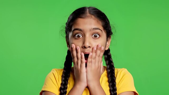 Young girl with braided hair expresses shock and surprise on green screen.