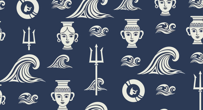 ancient greek pottery waves and tridents in a seamless pattern on navy blue background