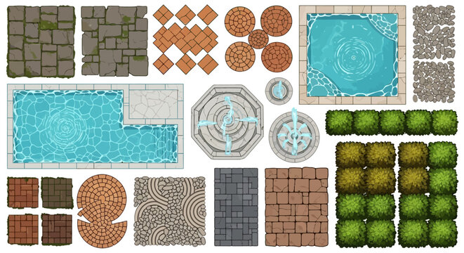 top view landscape elements for game design featuring diverse paving swimming pools fountains and garden bushes.