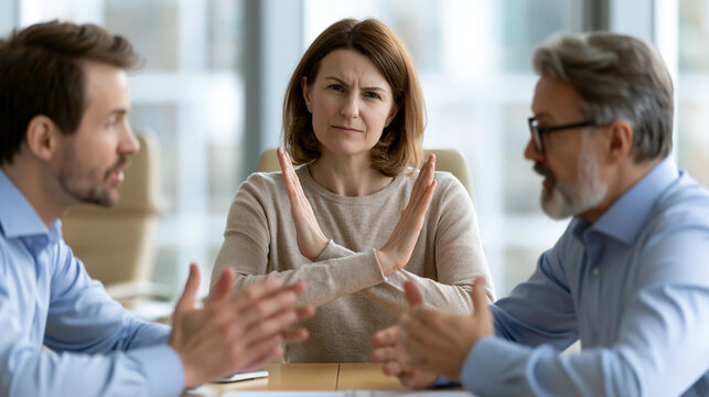Conflict Mediation in the Boardroom: A composed professional woman mediates a heated boardroom dispute, signaling a clear halt to the escalating argument. Focus on diplomacy. 