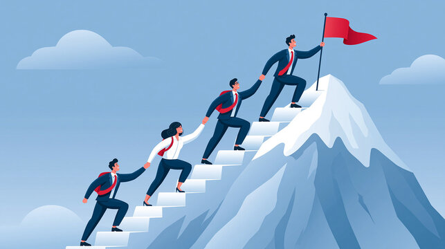 Ascent to Success: A business team perseveres through challenges, ascending a mountain to plant a flag, symbolizing their unwavering dedication to reach their goals. 