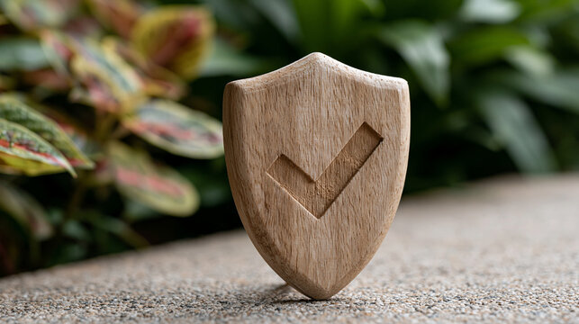 Wooden Shield of Approval: A close-up shot captures a wooden shield with an engraved check mark, symbolizing approval and security, set against a natural background of foliage and stone.