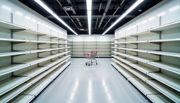 Empty supermarket aisle with empty shelves and lone shopping cart in modern retail space, Black Friday  