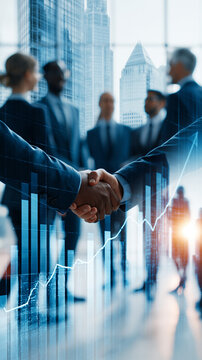 Business Deal and Growth: A close-up of two individuals shaking hands to seal a business deal, with a subtle overlay of financial growth graphs, signifying expansion and strategic partnership.