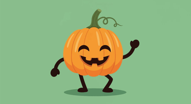 A happy orange pumpkin character with stick arms and legs dancing on a solid green background. This flat vector illustration features a smiling jack-o'-lantern with a green stem.