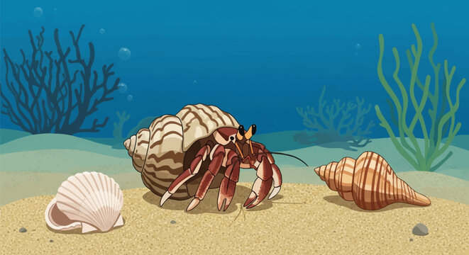 Vector illustration of a hermit crab in a striped gastropod shell on a sandy ocean floor with underwater bubbles, coral silhouettes, a scallop shell, and a spiral seashell nearby.