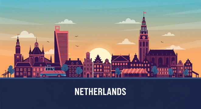 Flat vector illustration of the Netherlands skyline featuring historic Dutch gabled houses, a cathedral spire, and modern architecture under a large setting sun during sunset.