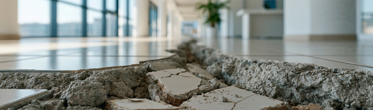 Cracked Floor and Architectural Defect: A striking view of cracked floor tiles, showcasing the aftermath of a structural failure. The damage spans across the surface.