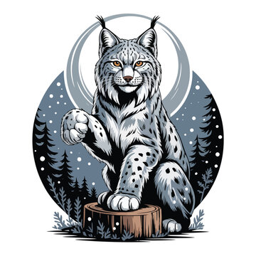Lynx sitting on tree stump.