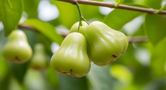 Rose apple fruit hanging on branch close up tropical produce