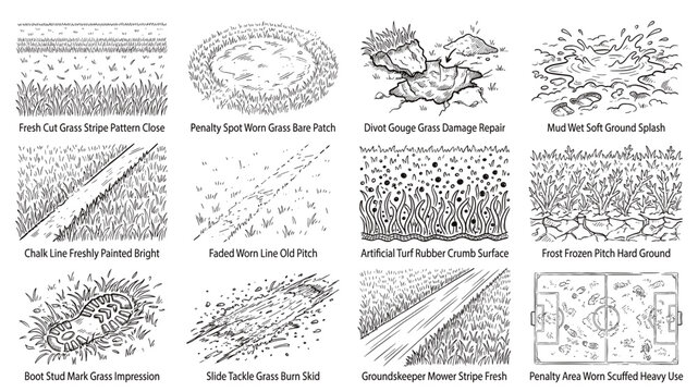 Football Pitch Grass Texture and Turf Surface Pattern Varieties Natural Synthetic Mowed Lines Hand Drawn Sketch Collection