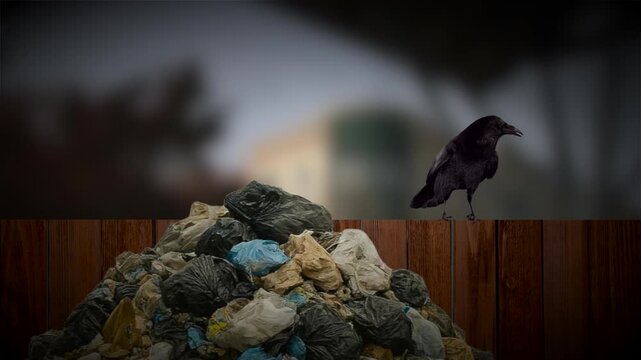 Raven on a fence near garbage pile