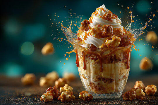 A delectable caramel popcorn ice cream sundae with a dramatic caramel splash, highlighting the layers and textures within the glass.