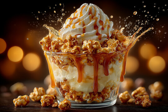 A close-up of a visually appealing caramel popcorn sundae with a caramel splash, showcasing the creamy textures and sweet toppings.